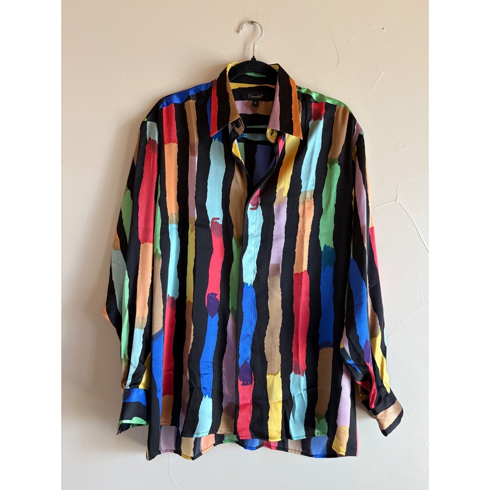 Genelli Vintage 90s Silk Shirt Multicolor Abstract Stripe Disco Retro Size M